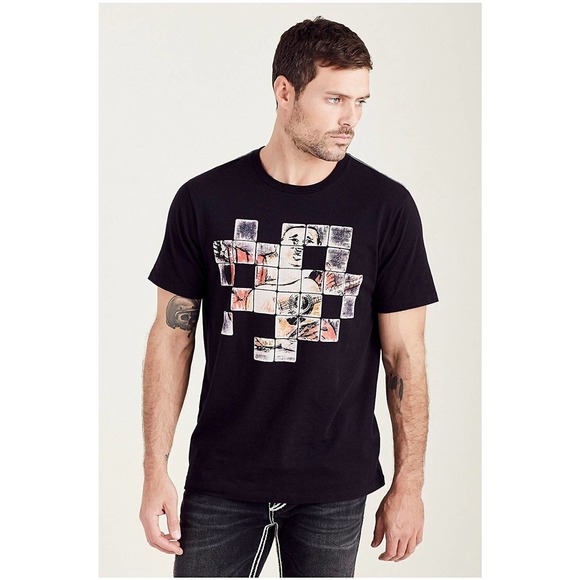 True Religion Men's Buddha Checks Crew Neck Tee T-Shirt in Black - Picture 2 of 4